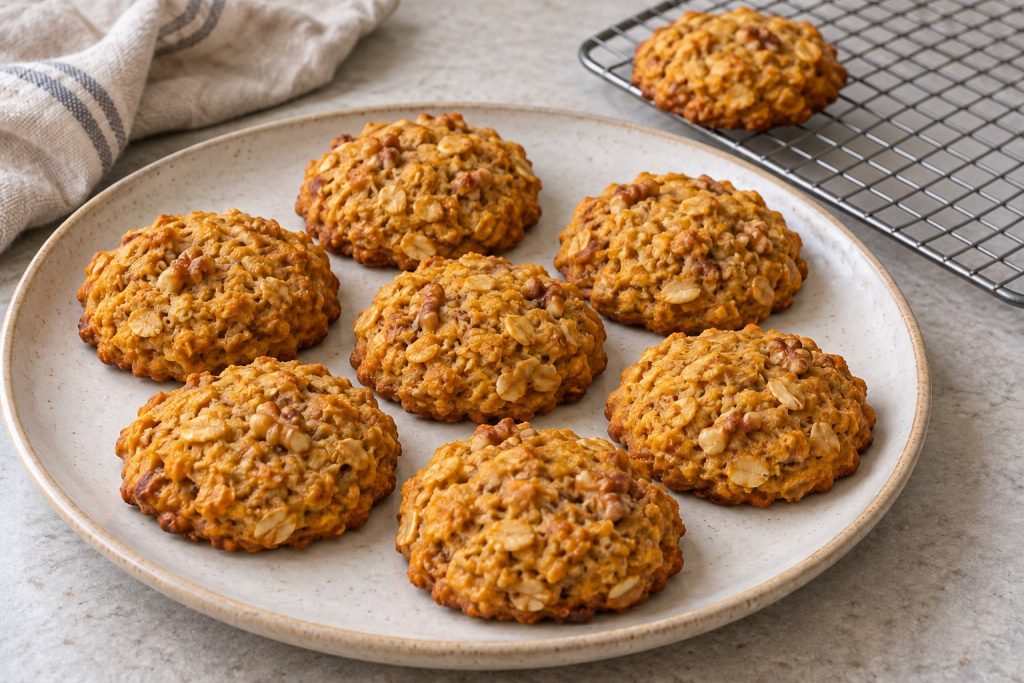Eight soft orange-gold pumpkin oat cookies with chopped walnuts and lightly browned edges.
