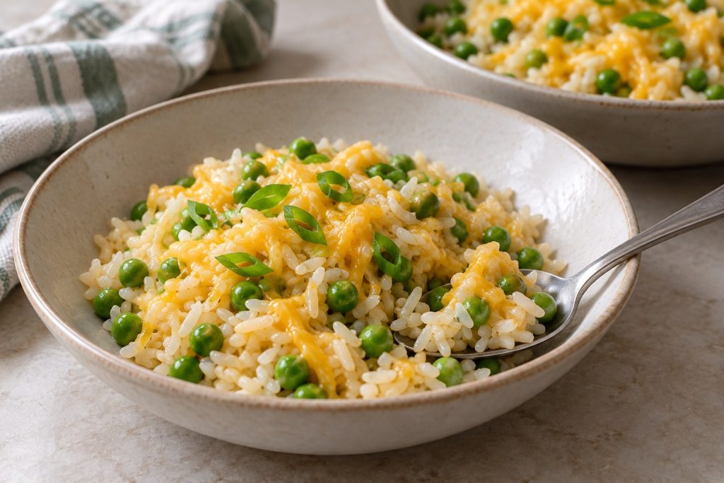 A close spoonful of warm rice, green peas, and melted cheddar above a shallow breakfast bowl.