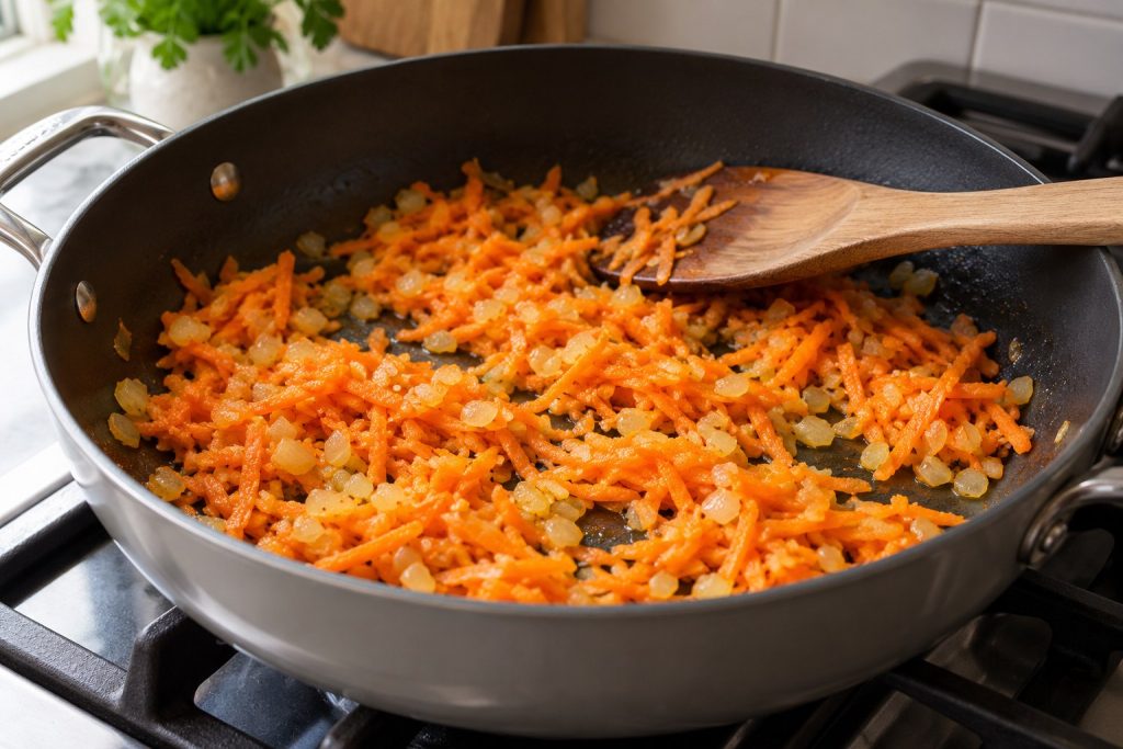 Fine carrot strands and translucent onion soften in a wide skillet before beans and pasta are added.
