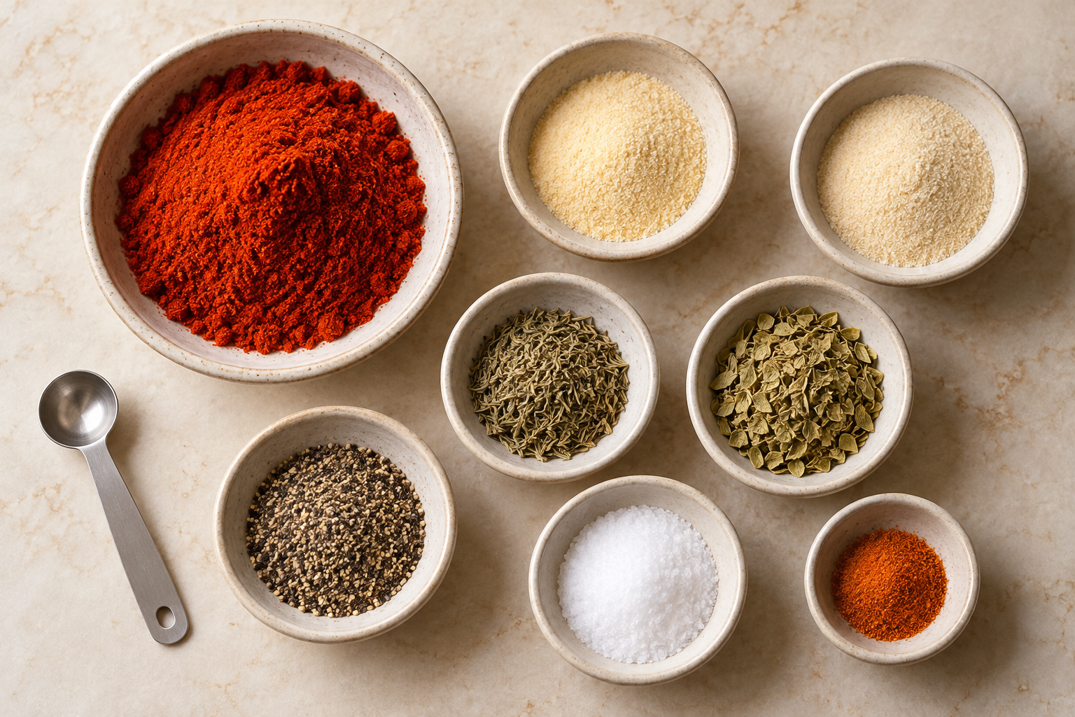 Paprika, garlic powder, onion powder, thyme, oregano, black pepper, salt and cayenne for blackening seasoning