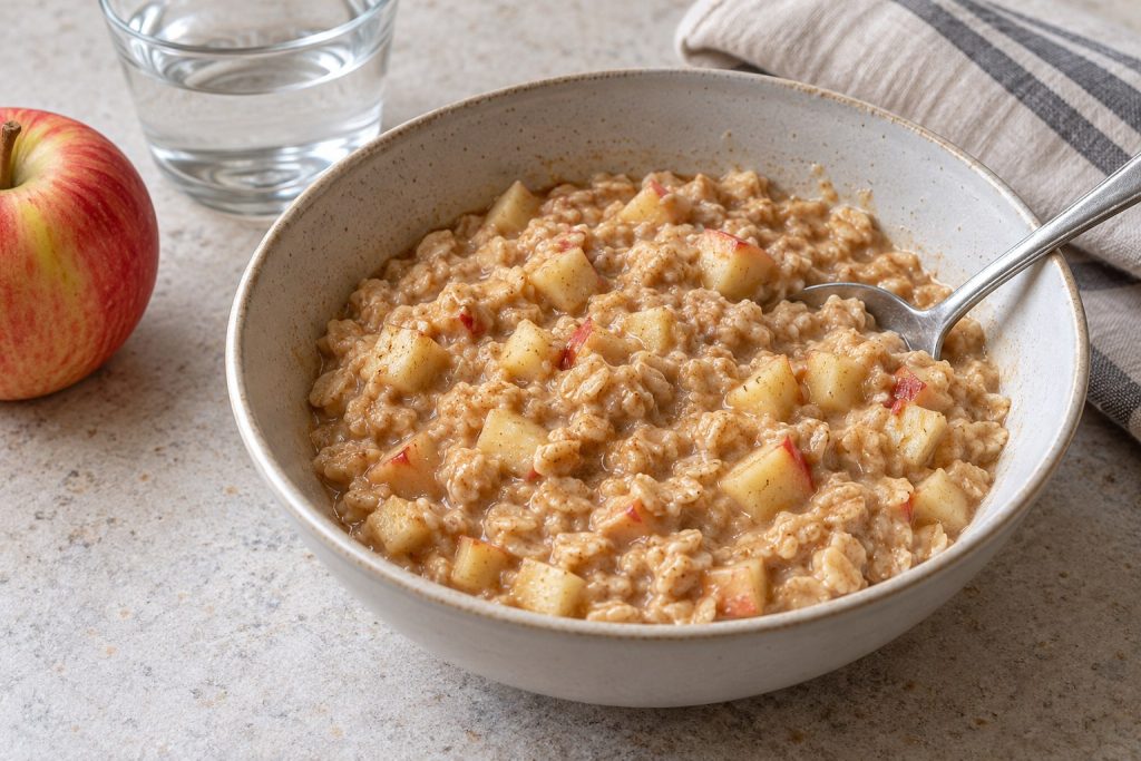 A spoonful of creamy oatmeal with tender small apple pieces and peanut butter fully stirred through.