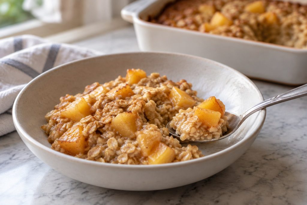 A soft scoop of peach baked oatmeal in a bowl, with tender oats and peach pieces visible beside a serving spoon.