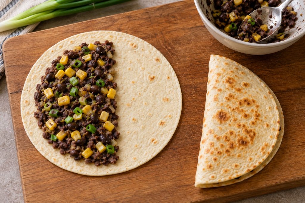 An open flour tortilla with bean and corn filling on one half and a clear border around the edge.