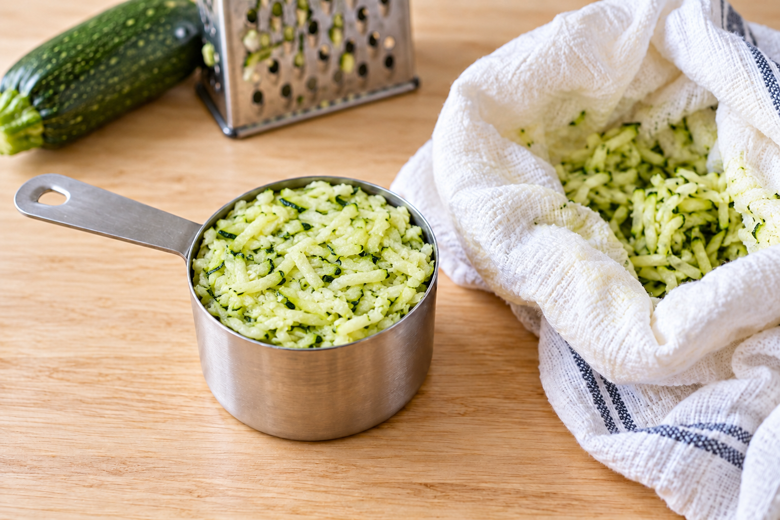 Squeezed grated zucchini measured for baked turkey zucchini meatballs without eggs