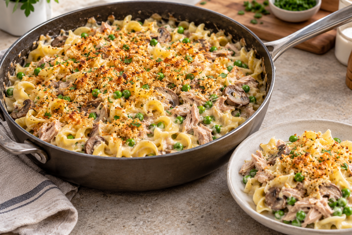 Creamy tuna noodle casserole in a skillet with toasted crumbs