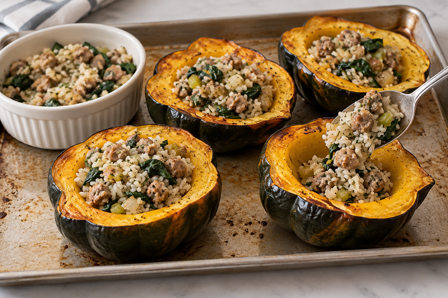 Roasted acorn squash halves filled with turkey sausage and rice, with extra filling in a ramekin