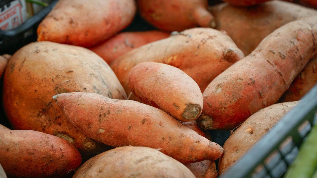 Whole sweet potatoes at a market, an ingredient reference for sweet potato black bean skillet without tomatoes