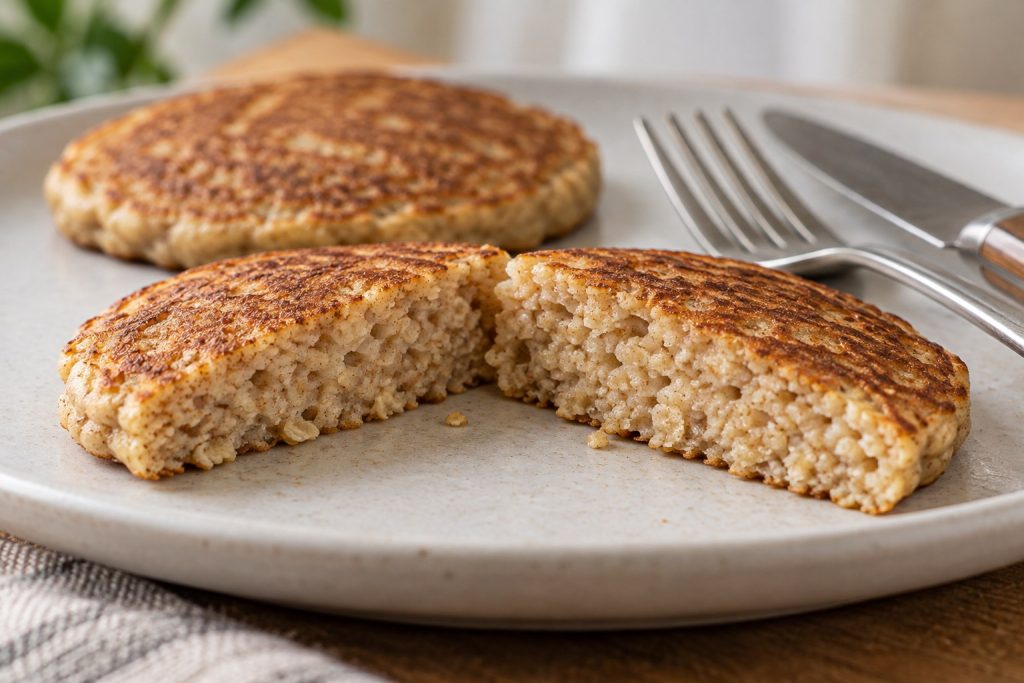 A small banana oat pancake cut in half to show a tender, fully set oat-speckled center.