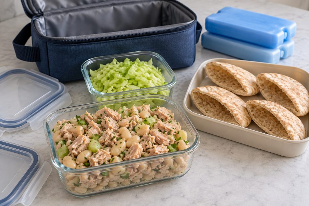 Chunky tuna and white bean filling, dry lettuce and empty pita halves in separate lunch containers beside two cold packs.
