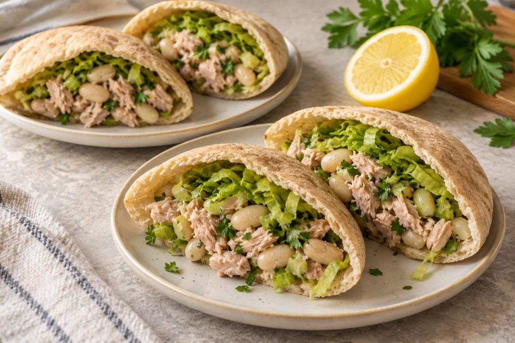 Pita halves filled with flaked tuna, white beans, celery, parsley and shredded lettuce.