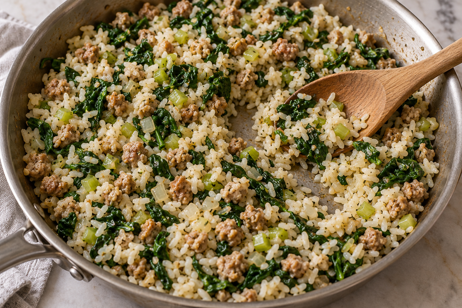 Turkey sausage, cooked rice, spinach, onion and celery filling in a skillet