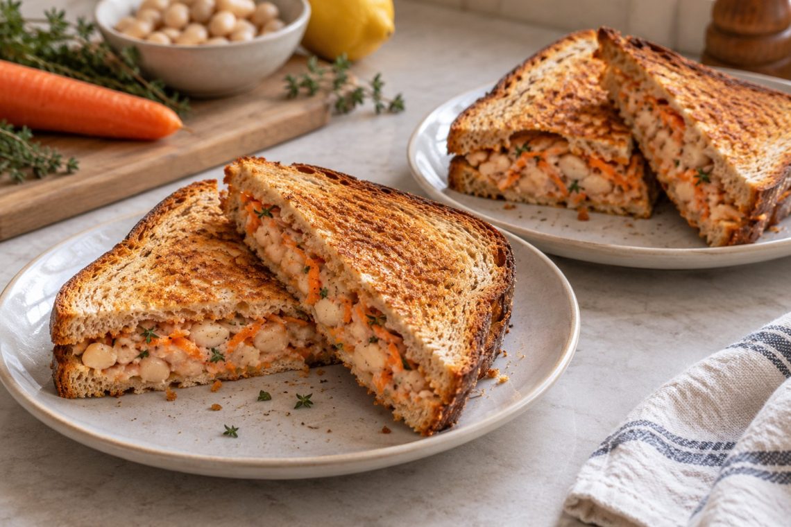 Golden toasted sandwiches cut to show a soft cannellini bean filling with grated carrot and tiny herb flecks.