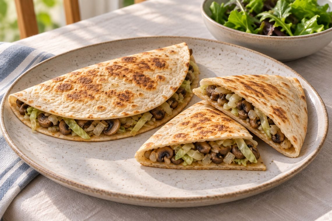 Golden tortilla half-moons filled with browned mushrooms, softened shredded cabbage and onion, with no cheese.