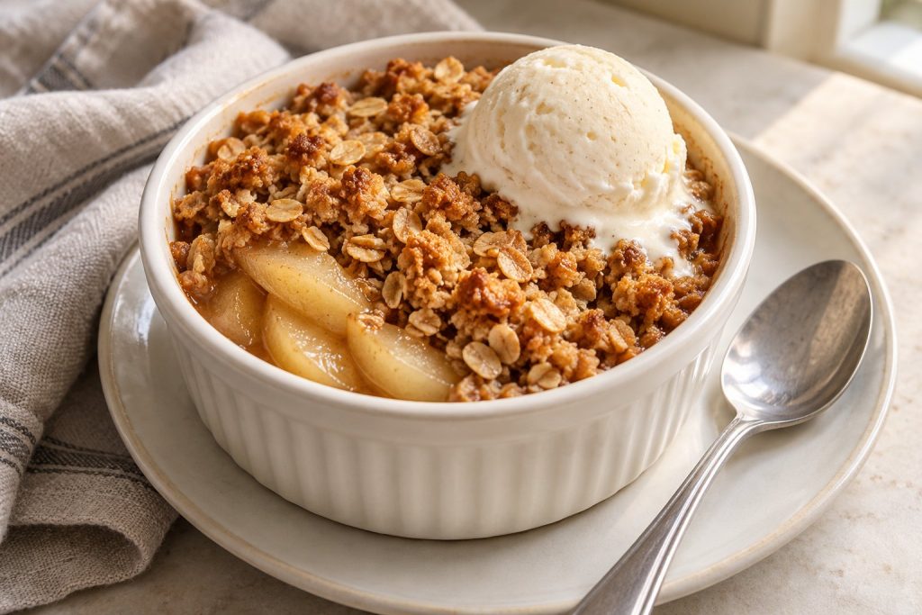 An individual pear crisp has golden oat crumbs and one small scoop of vanilla ice cream added beside the topping.