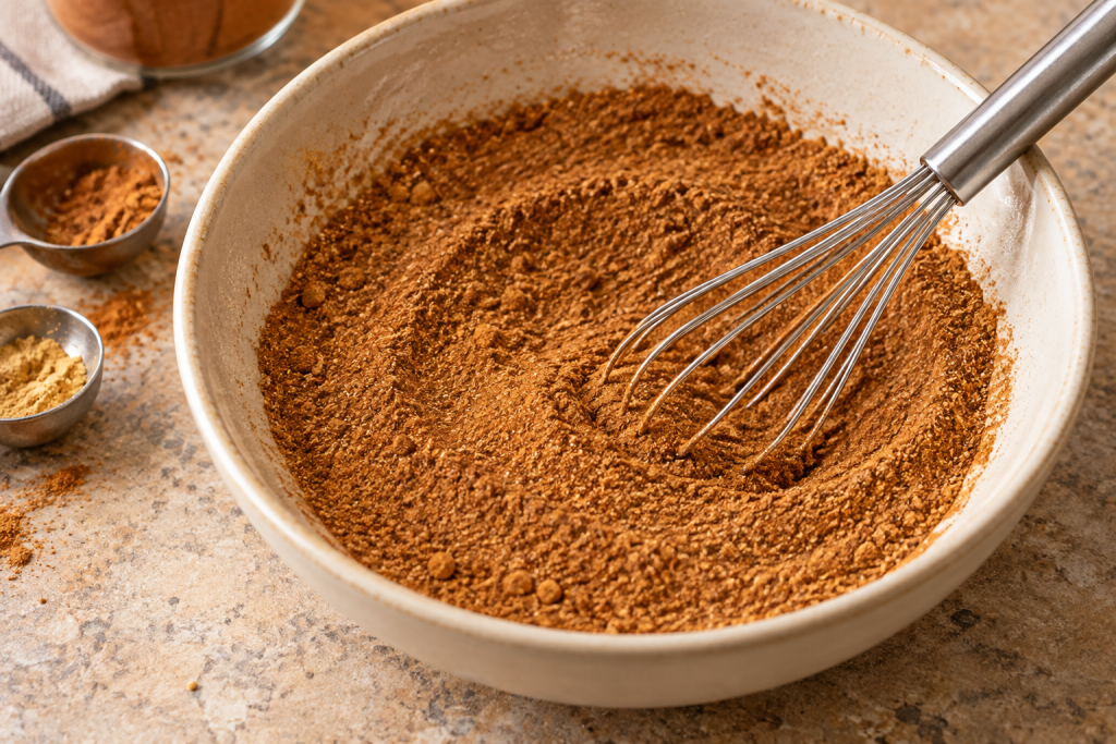 Small whisk resting in a bowl of dry, cinnamon-brown pumpkin spice blend.