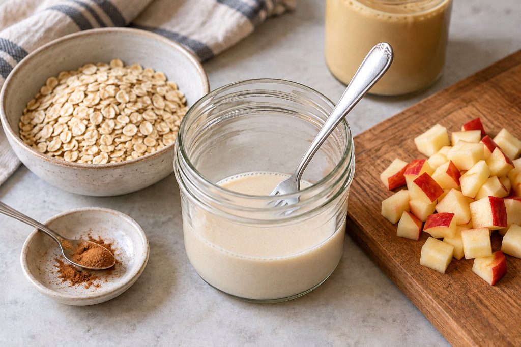 A fork in a smooth tahini and milk mixture, with rolled oats and diced apple ready beside the jar.