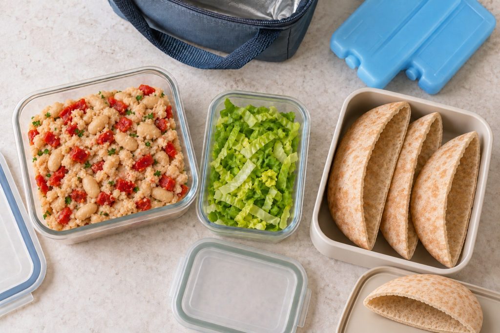 Roasted red pepper and white bean filling, dry romaine and four empty pita halves kept in separate containers with cold packs.