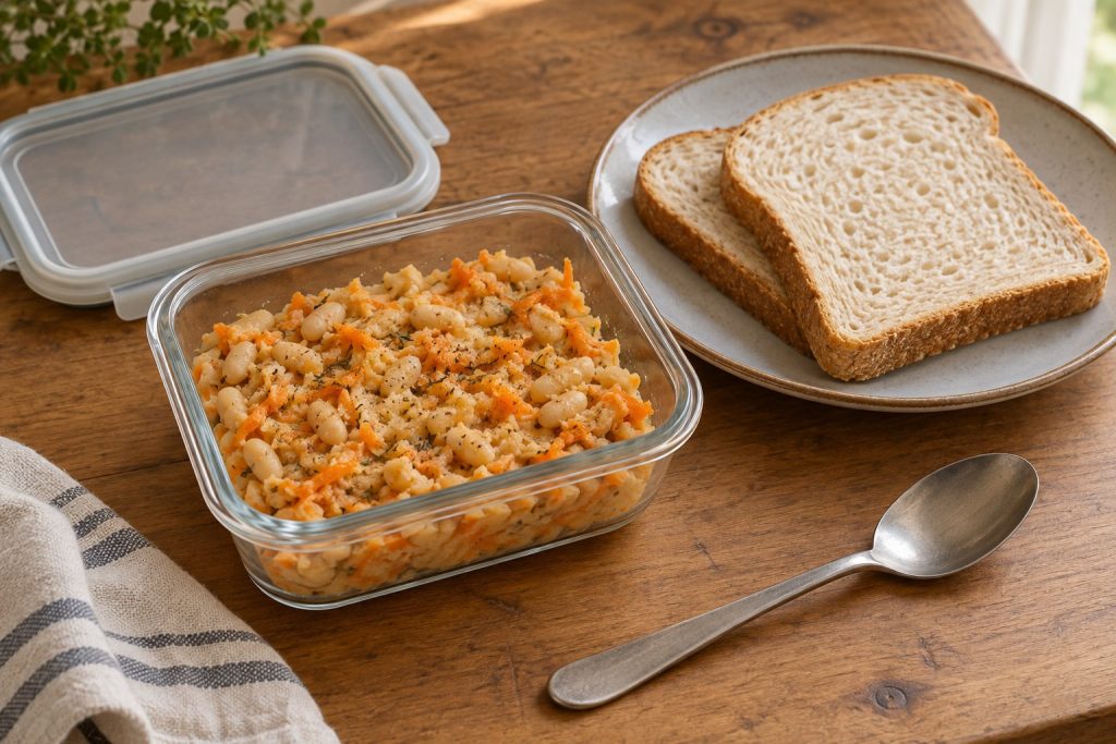 A shallow container of chunky white bean and grated carrot filling beside two slices of bread and a separate lid.