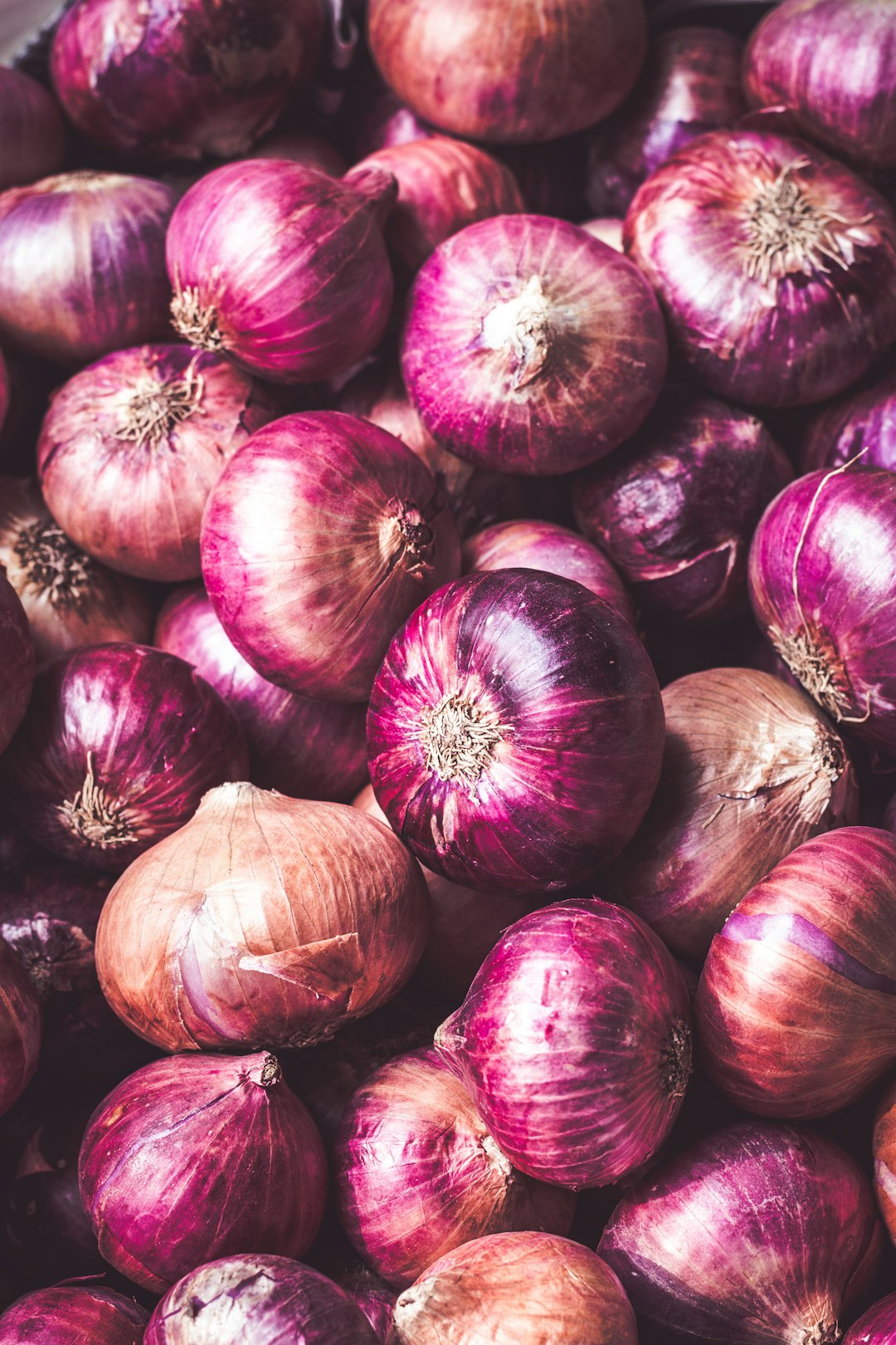 Whole red onions in a market display