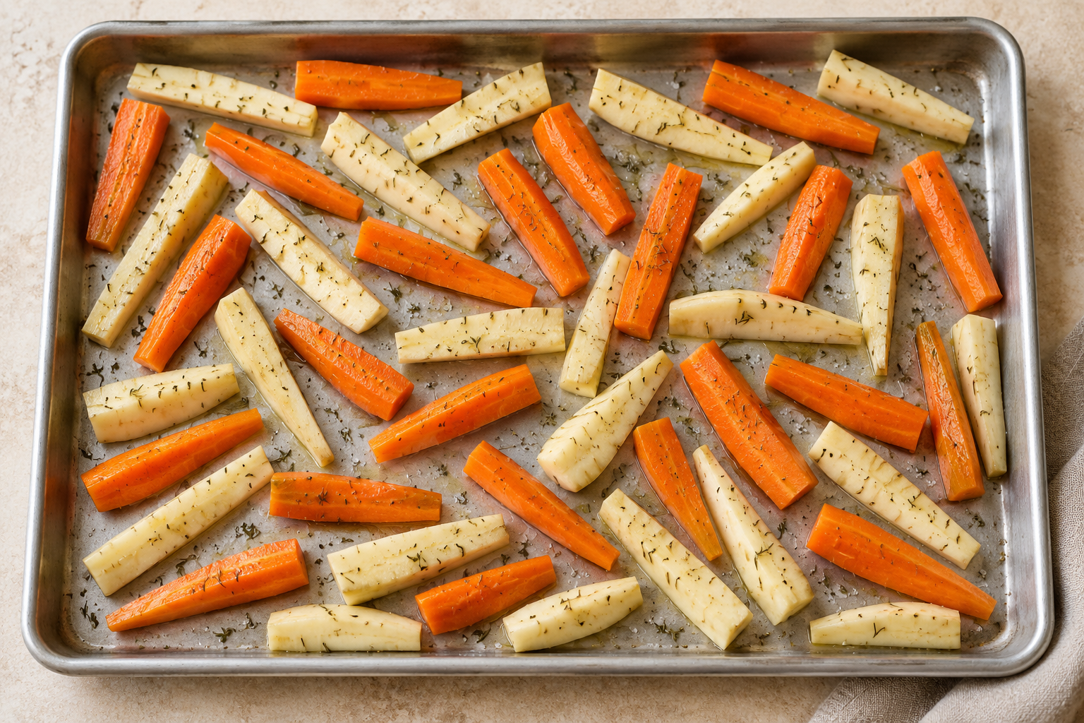 Carrot and parsnip batons spread across a metal baking sheet with oil and thyme before roasting
