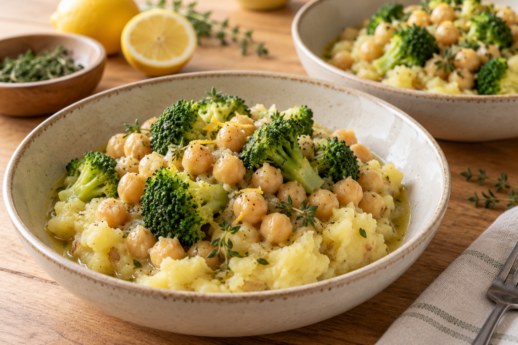 Chickpeas and broccoli over rustic olive-oil mashed potatoes