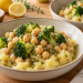 Chickpeas and broccoli over rustic olive-oil mashed potatoes