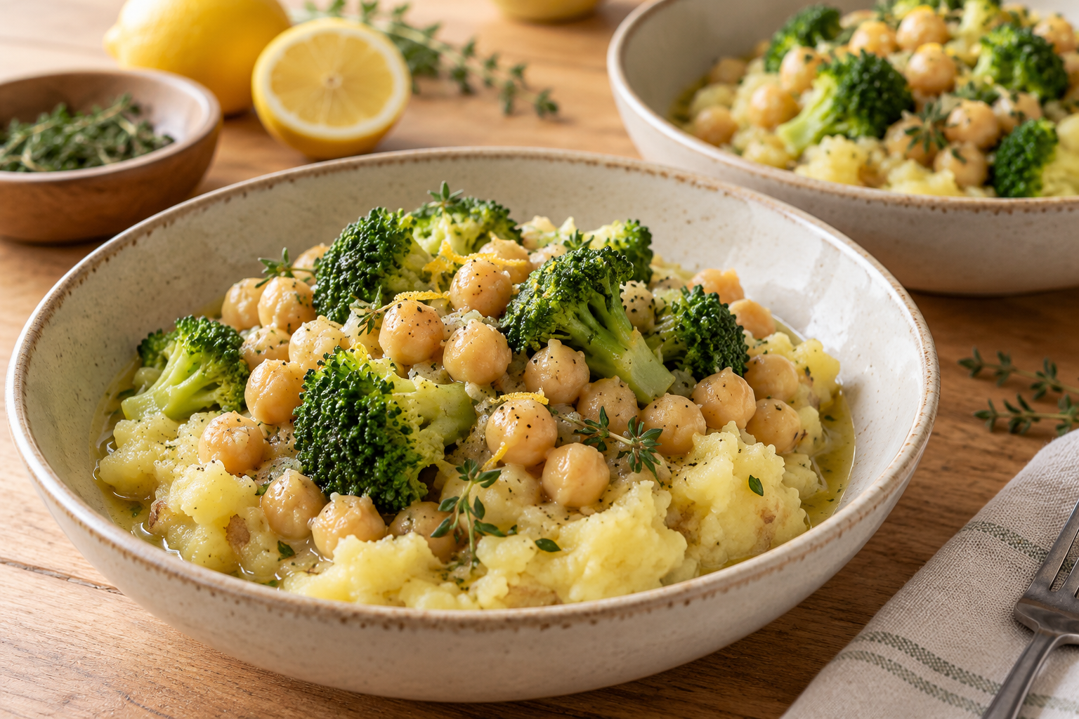 Chickpeas and broccoli over rustic olive-oil mashed potatoes