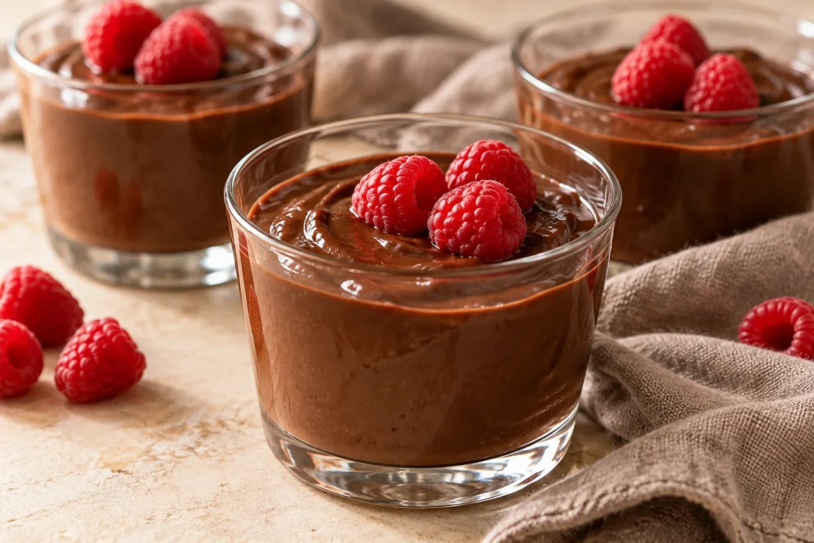 dessert dairy free gluten free: chocolate pudding cups topped with fresh raspberries