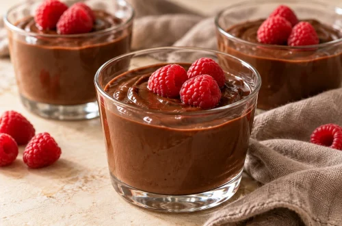 dessert dairy free gluten free: chocolate pudding cups topped with fresh raspberries
