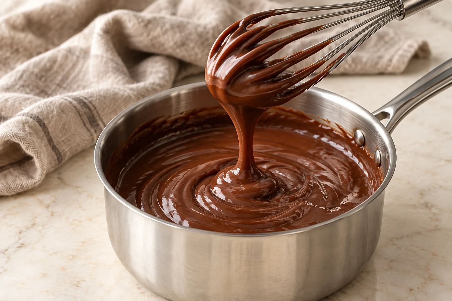 dessert dairy free gluten free chocolate pudding thickening in a saucepan with a whisk