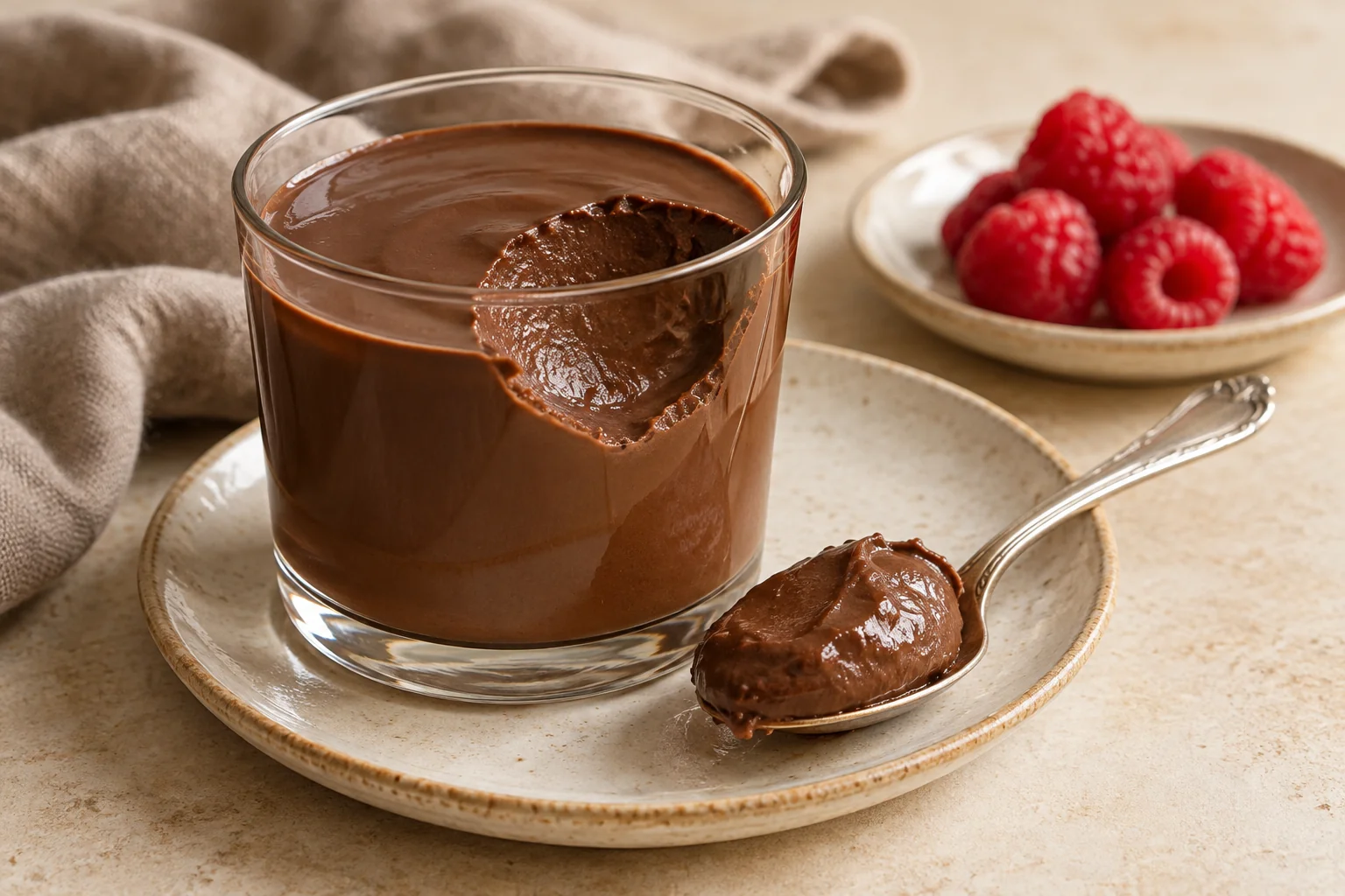 dessert dairy free gluten free chocolate pudding with a creamy spoonful and fresh raspberries