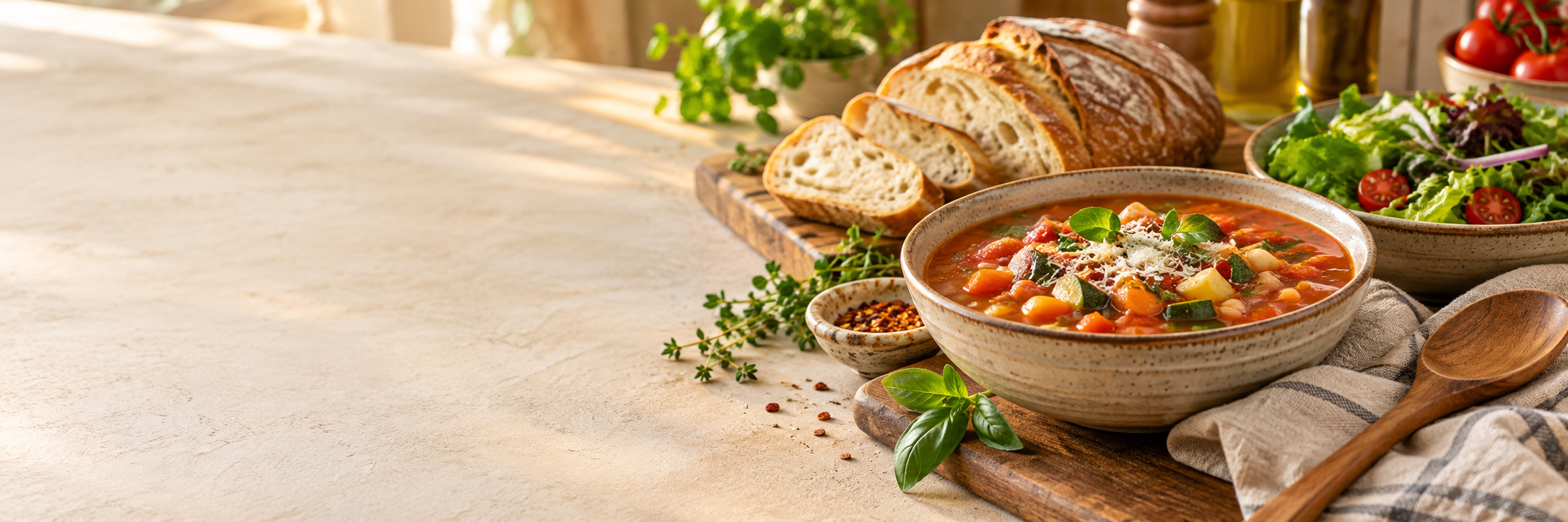 Homemade bread, vegetable soup and fresh salad on a welcoming kitchen table