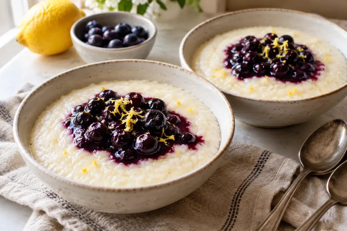 Two bowls of lemon blueberry farina with separate cooked blueberry topping