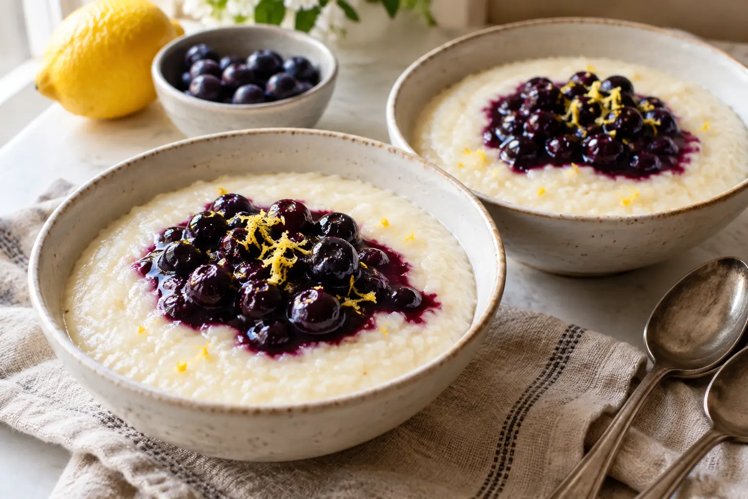 Two bowls of lemon blueberry farina with separate cooked blueberry topping