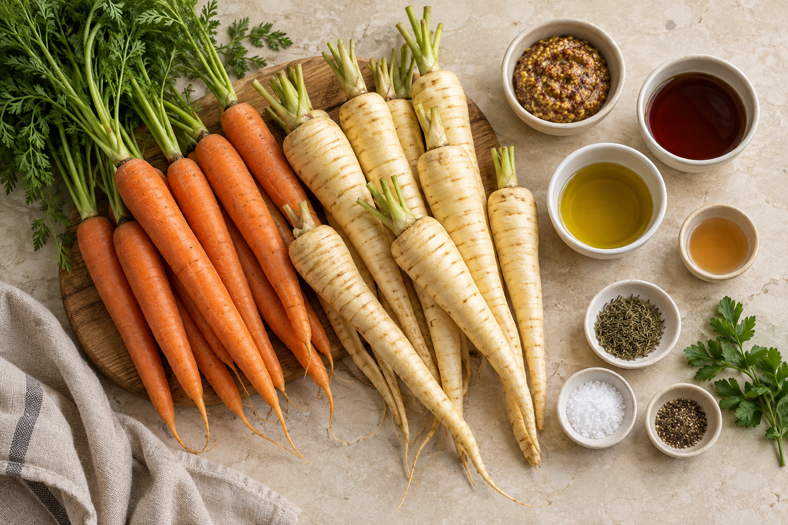 Ingredients for oven roasted carrots and parsnips with maple mustard arranged on a stone countertop