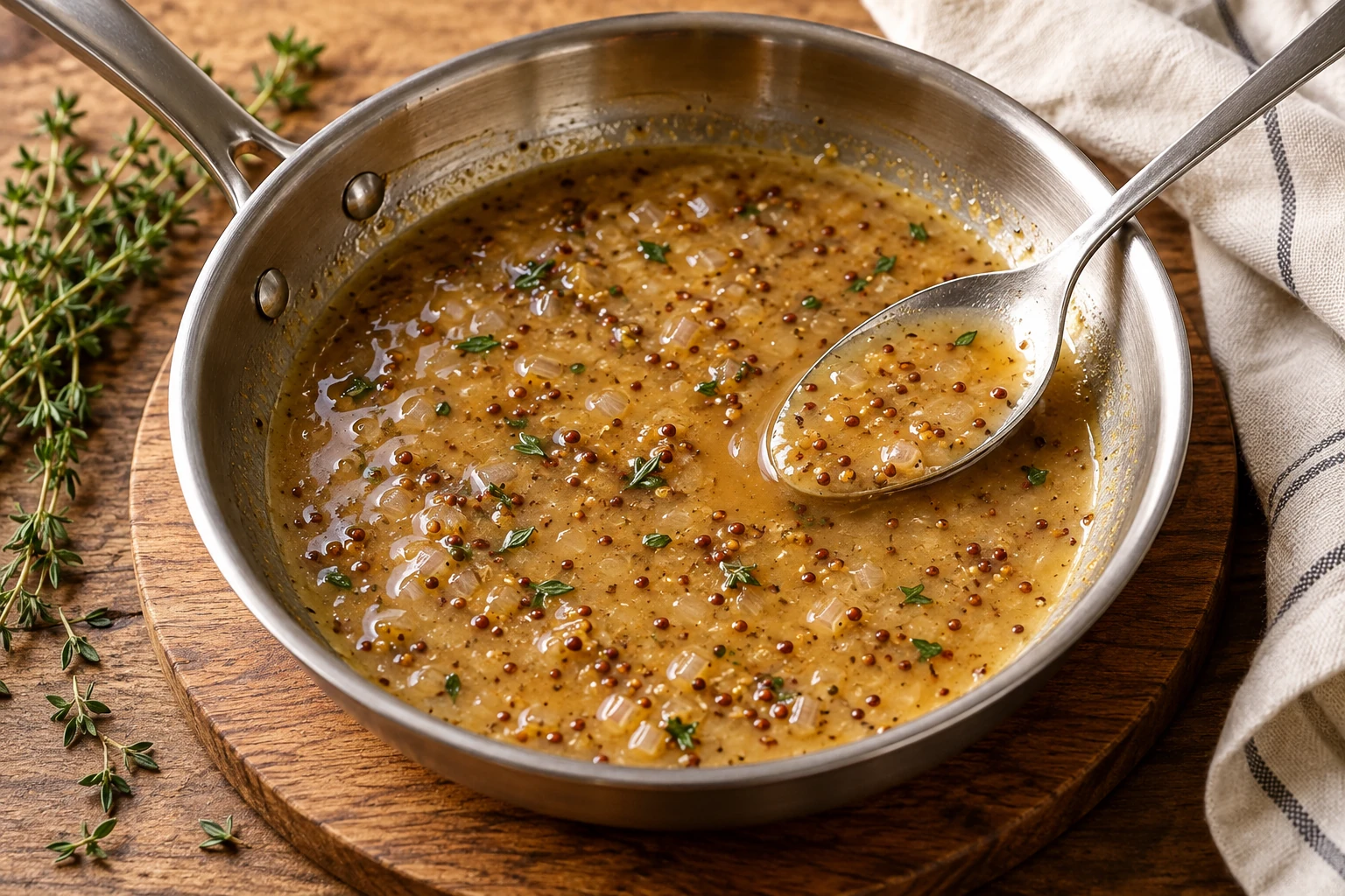 Spoon-coating pan sauce for pork tenderloin with maple mustard sauce, with softened shallots, mustard seeds and thyme