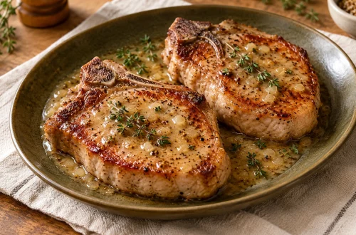 Golden bone-in pork chops with maple mustard sauce and fresh thyme on an olive ceramic platter