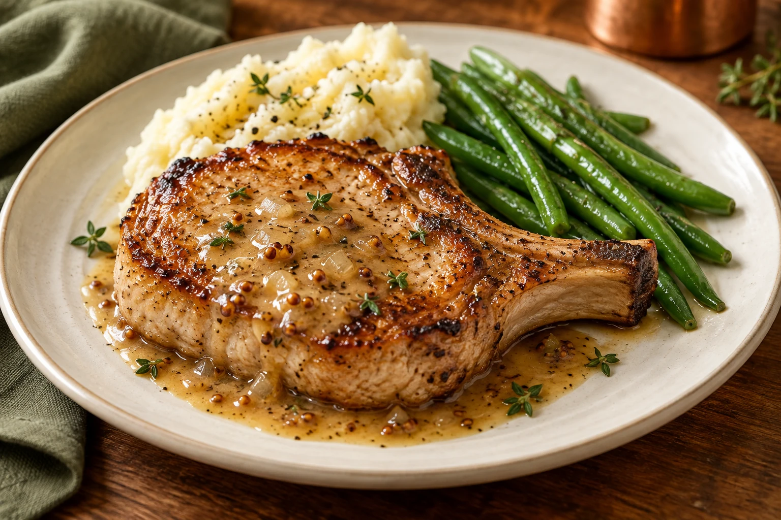 Serving of pork chops with maple mustard sauce alongside mashed potatoes and green beans on a cream plate