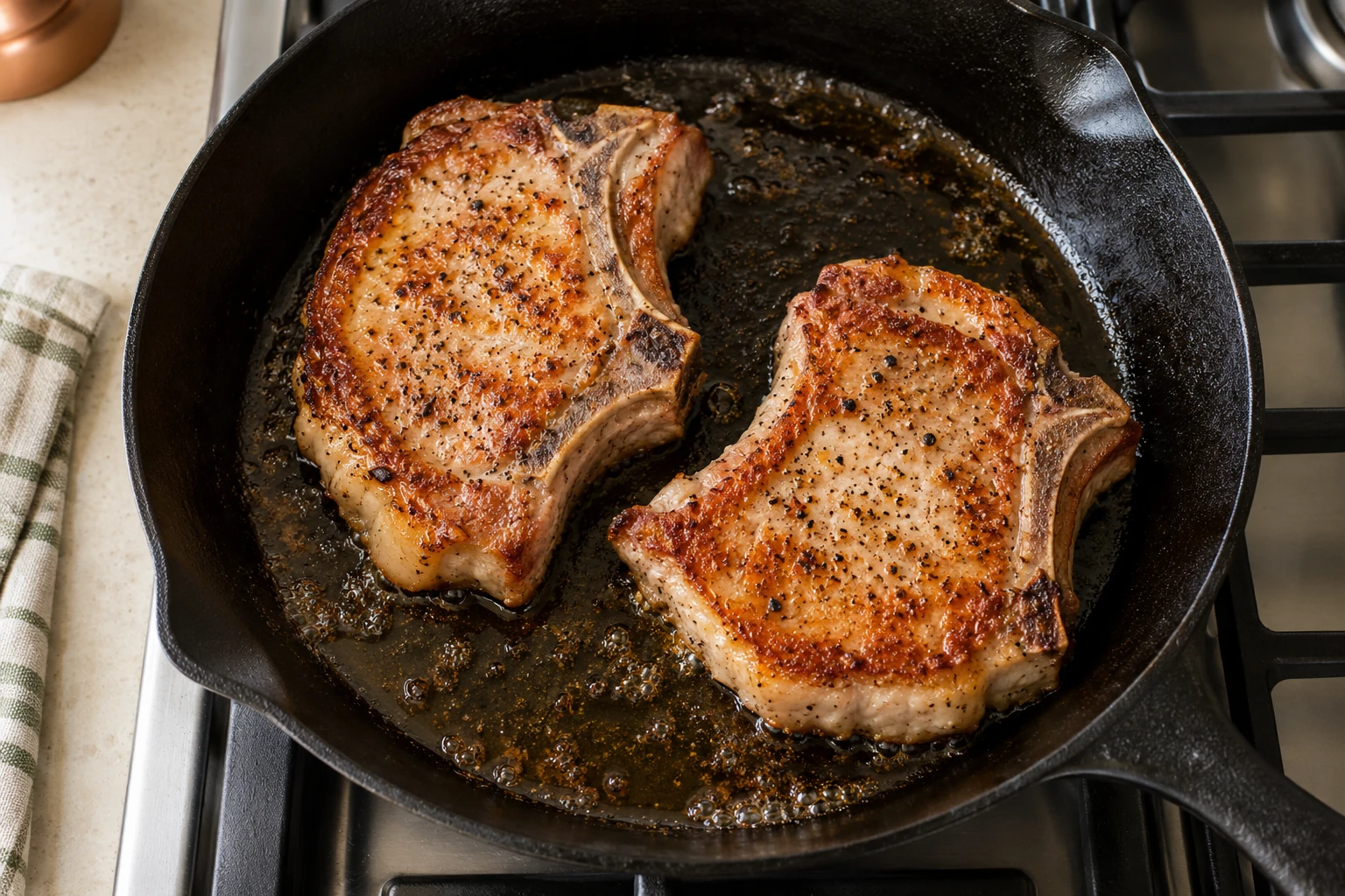Two bone-in chops browning in a cast iron skillet before the sauce is added for pork chops with maple mustard sauce