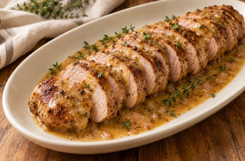 Sliced pork tenderloin with maple mustard sauce on a cream platter, finished with whole-grain mustard and fresh thyme