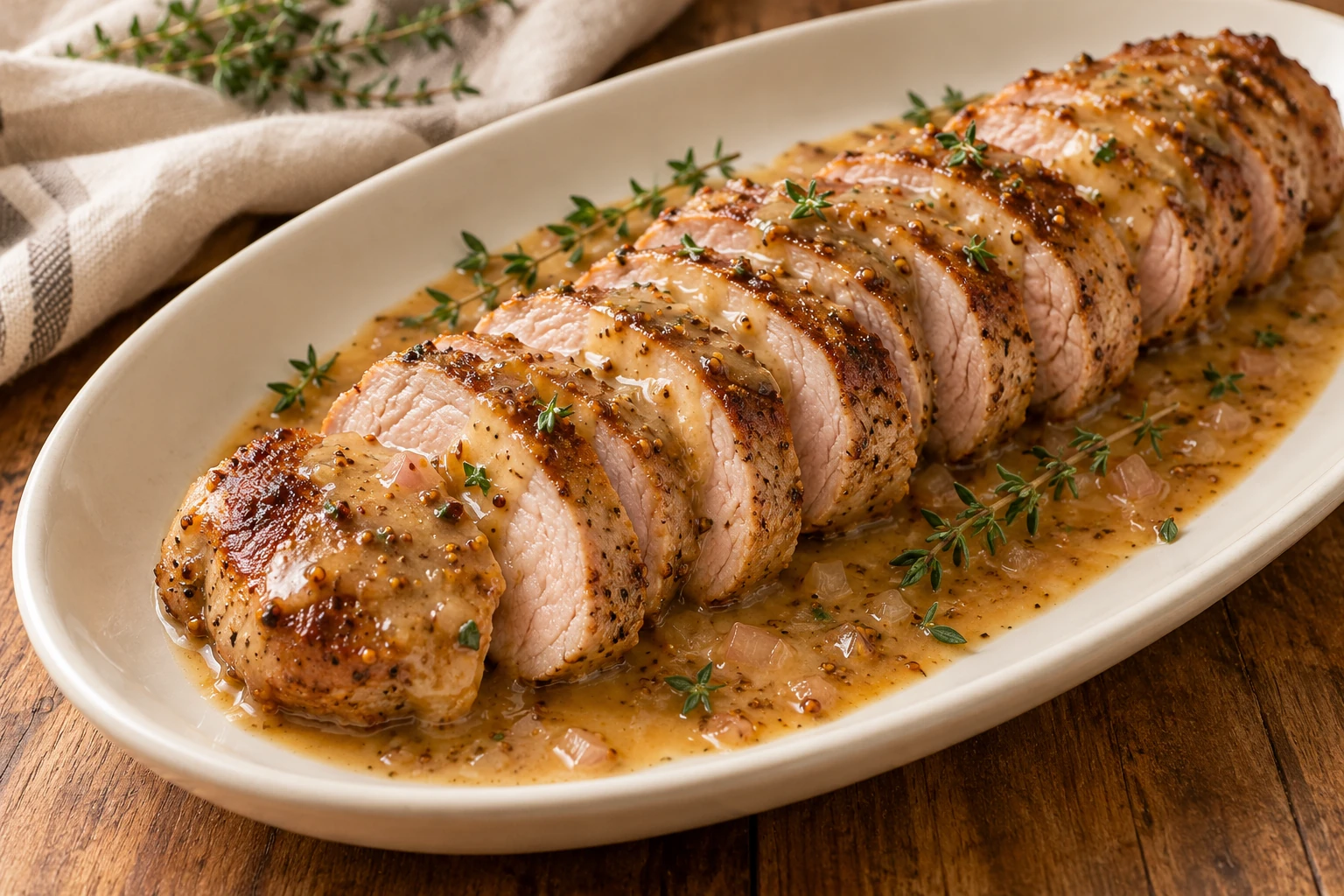 Sliced pork tenderloin with maple mustard sauce on a cream platter, finished with whole-grain mustard and fresh thyme