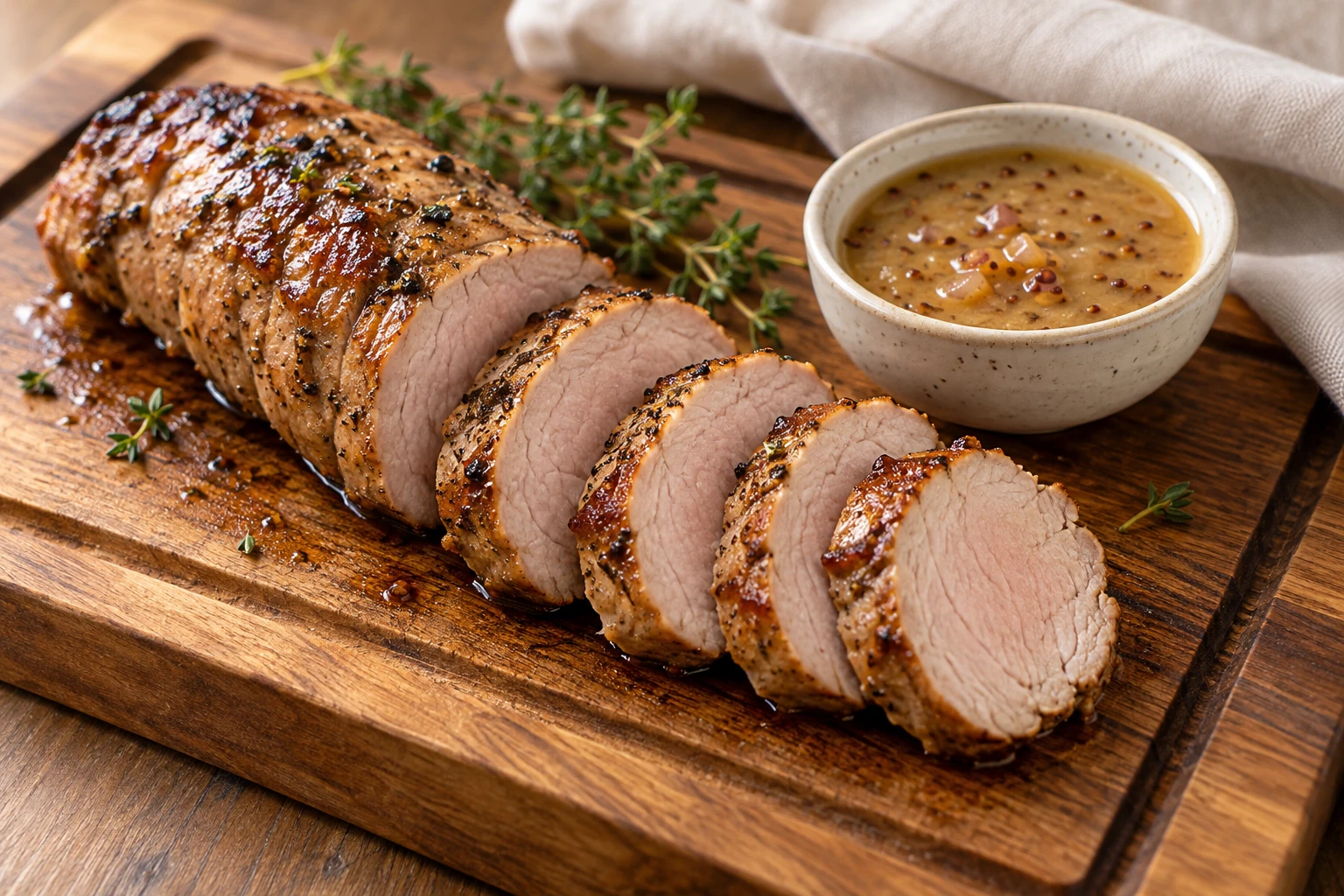 Rested pork tenderloin with maple mustard sauce sliced into medallions on a wooden board, with extra sauce alongside