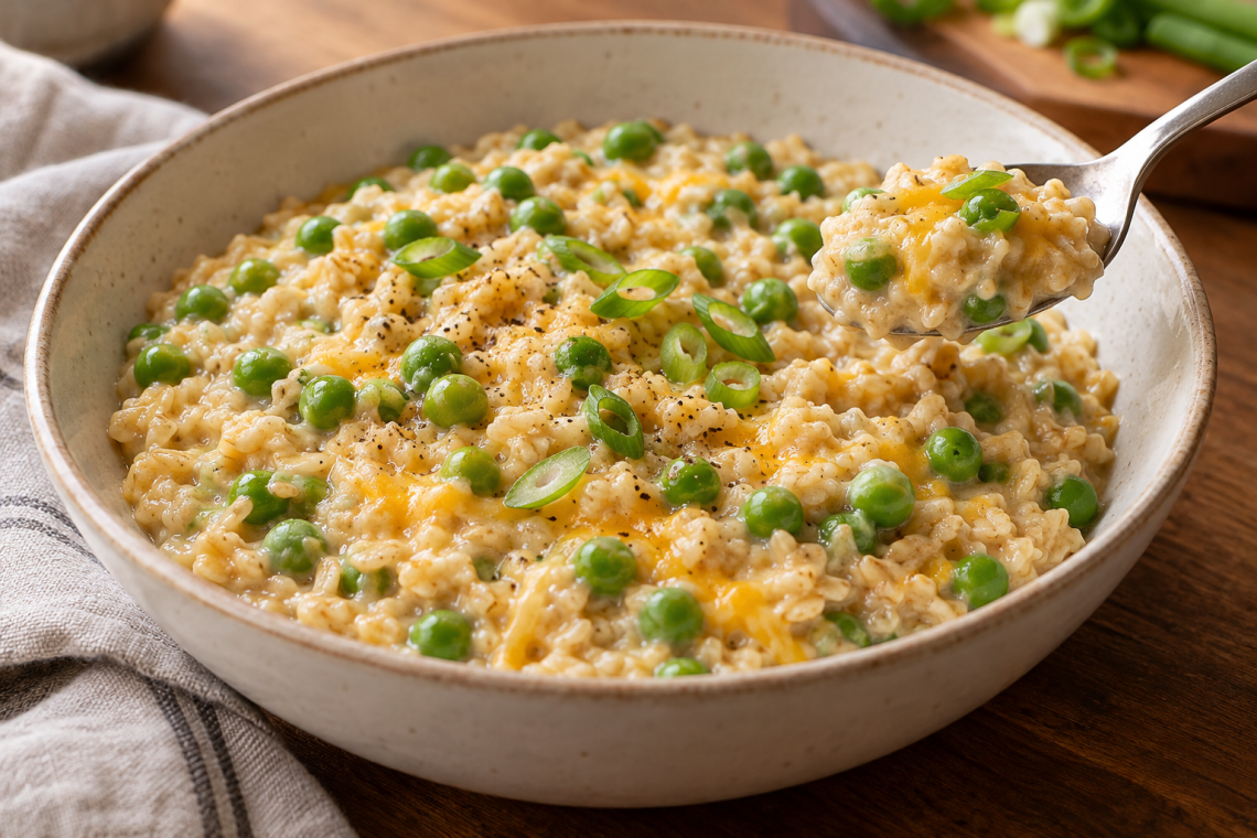 Savory oatmeal with green peas and melted cheddar in a ceramic bowl