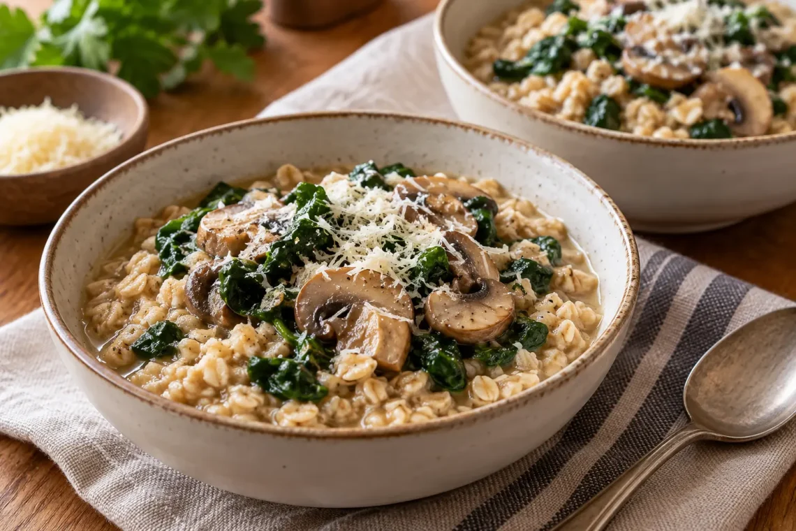 Two bowls of savory oatmeal with canned mushrooms, chopped spinach and a little grated Parmesan