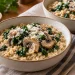 Two bowls of savory oatmeal with canned mushrooms, chopped spinach and a little grated Parmesan
