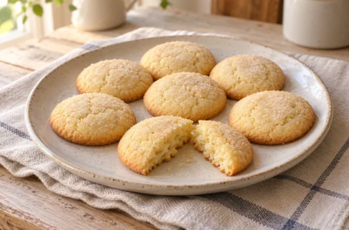 Small batch egg yolk sugar cookies with oil on an ivory plate, with one cookie broken open