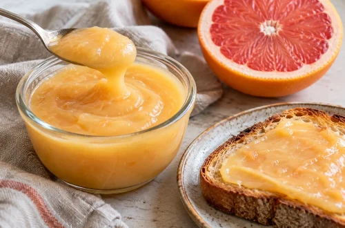 A small glass bowl of pale grapefruit curd beside toast and a halved pink grapefruit