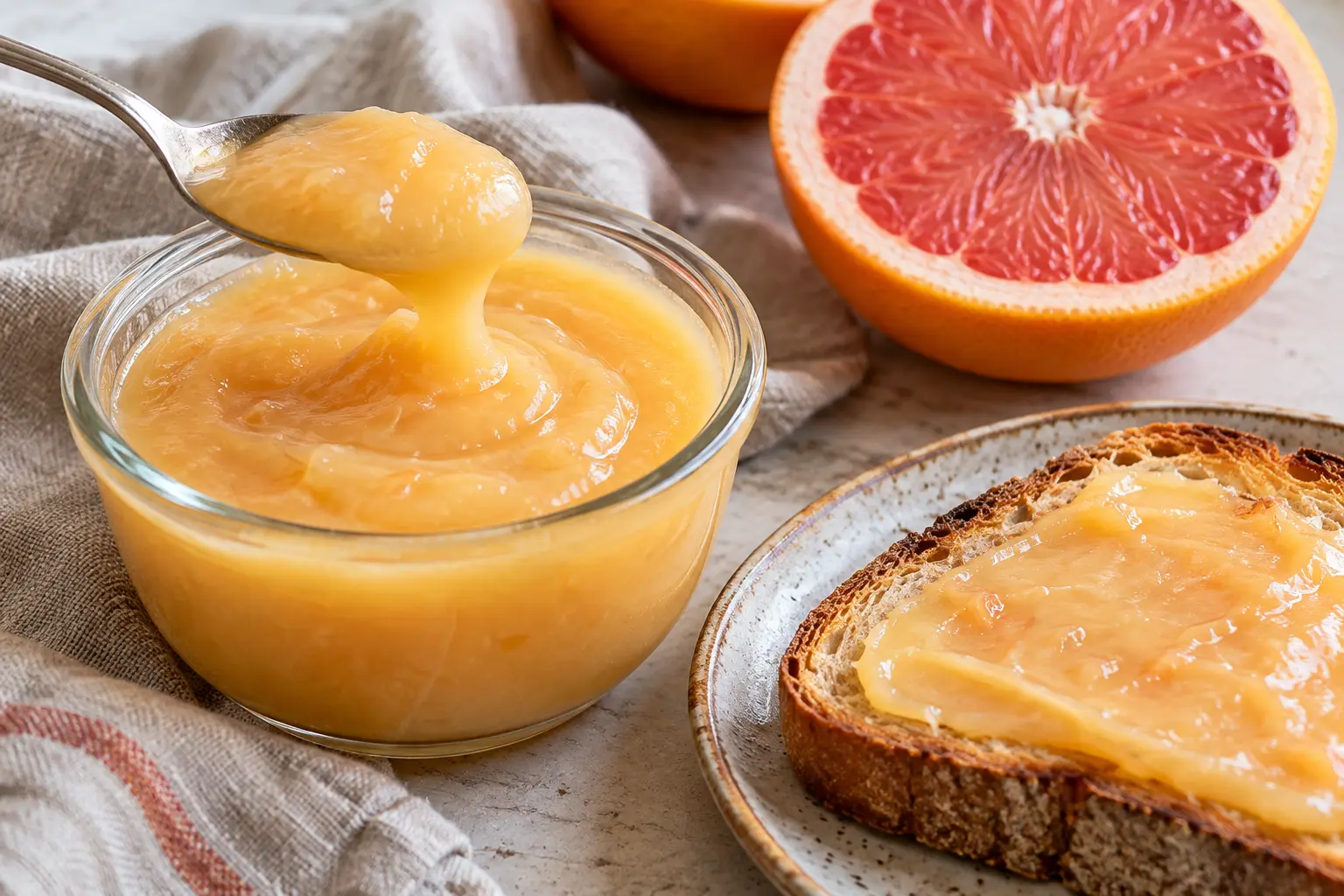 A small glass bowl of pale grapefruit curd beside toast and a halved pink grapefruit