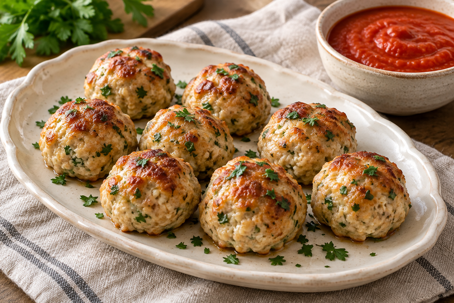 Eight small batch pork ricotta meatballs without breadcrumbs on a platter with tomato sauce alongside