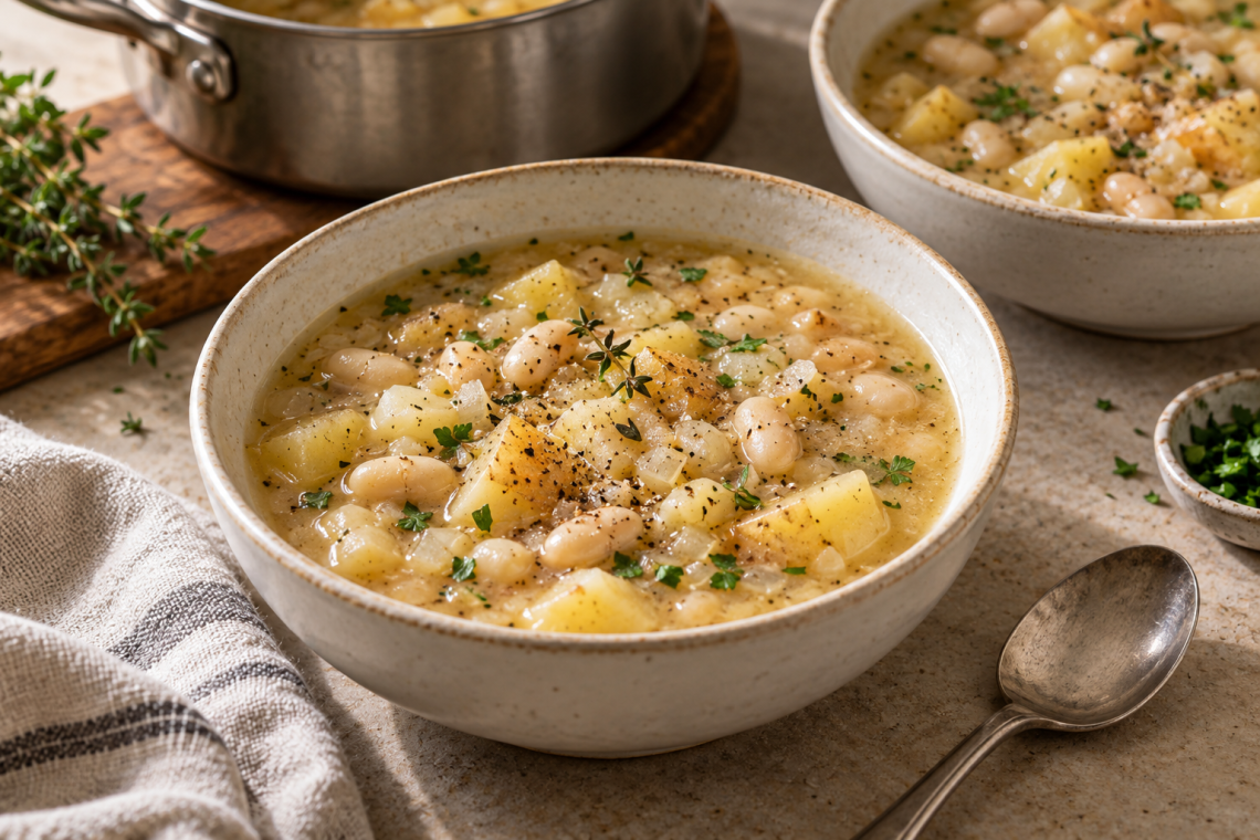 Chunky white bean and potato soup with parsley in two bowls